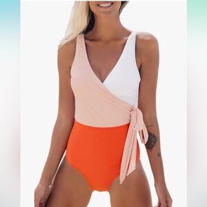 CUPSHE Women's One Piece Swimsuit Wrap Color Block Tie Side Bathing Suit
